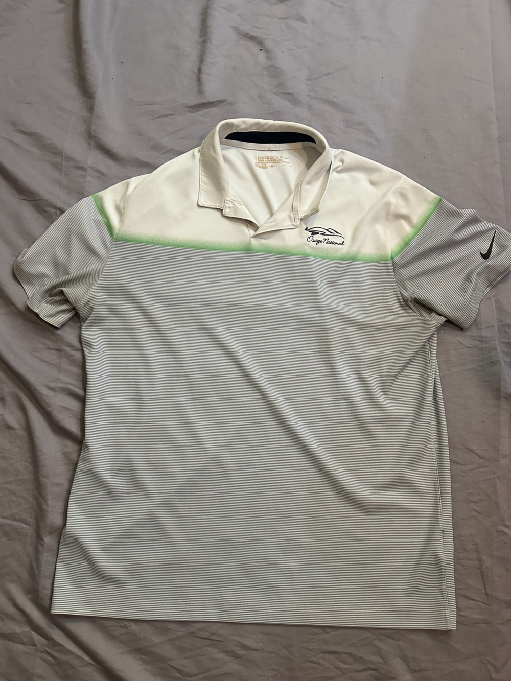 Nike Men’s White Polo with Light Gray Stripes and Green Accent